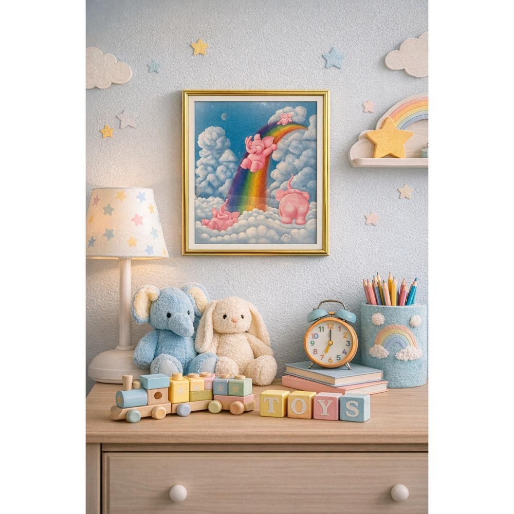 Vtg Andy Mack Pink Elephants 13"×17" 1982 Kids Art Framed Rainbow Rare Print